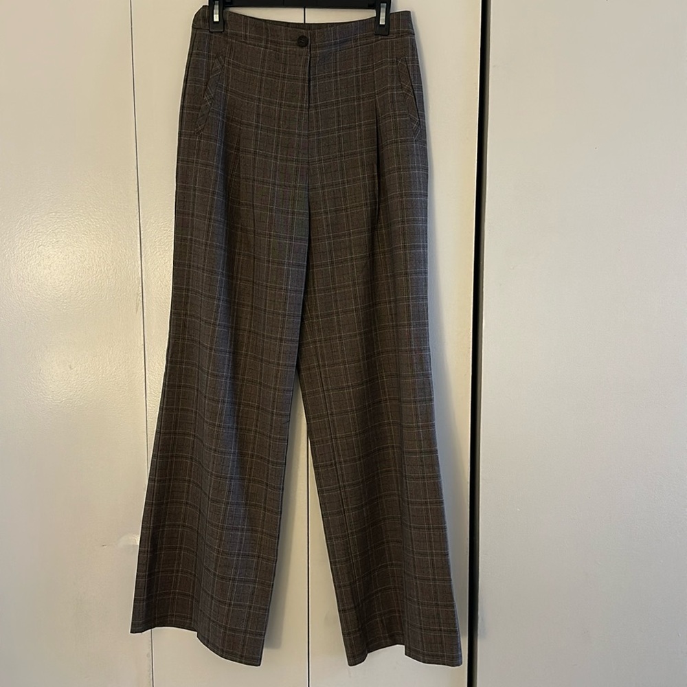 Gentle Herd 100% Wool Plaid Checkered Pleated Wide Leg Trouser